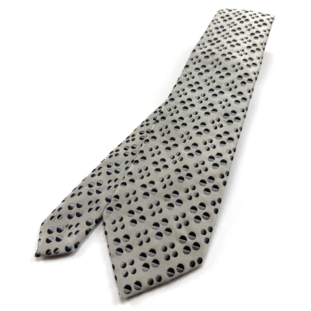 VINTAGE GENE MEYER Silk Tie 3.5"W 59"L SILVER BASE Black Gray Spot Pattern #1603
